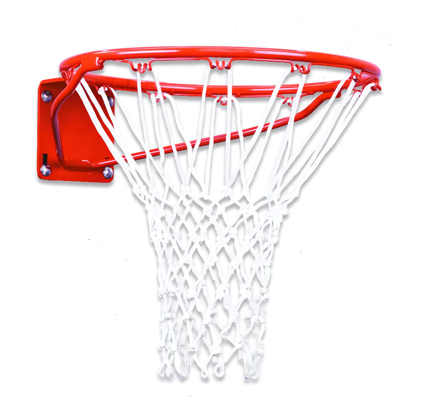 FIRST TEAM basketball hoop with bright red basketball rim and white net for outdoor play