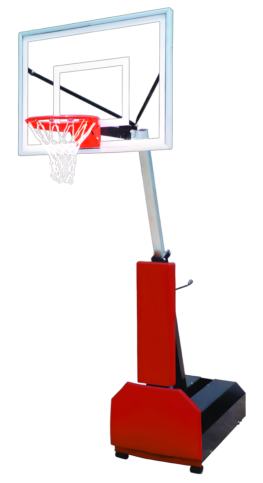 FIRST TEAM portable basketball hoop with clear backboard and red base for easy mobility