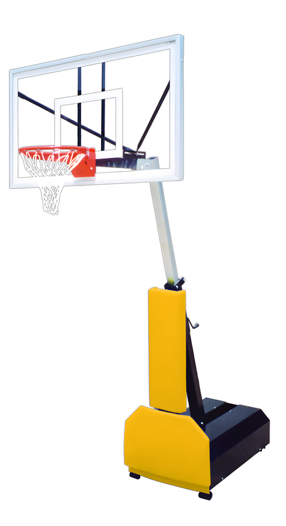 FIRST TEAM portable basketball hoop with clear backboard and yellow base for adjustable indoor or outdoor play