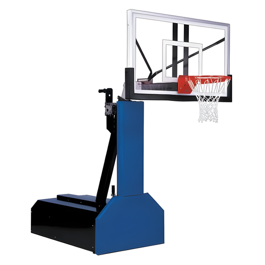FIRST TEAM portable basketball hoop with clear backboard and sturdy blue base for easy mobility