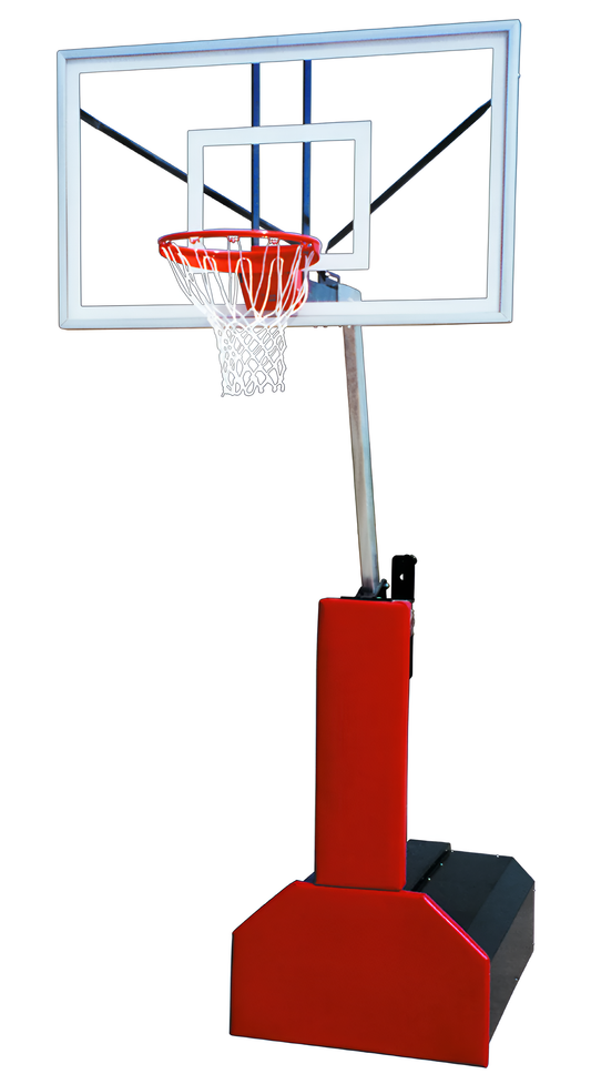 FIRST TEAM portable basketball hoop with clear backboard and red base for adjustable outdoor play