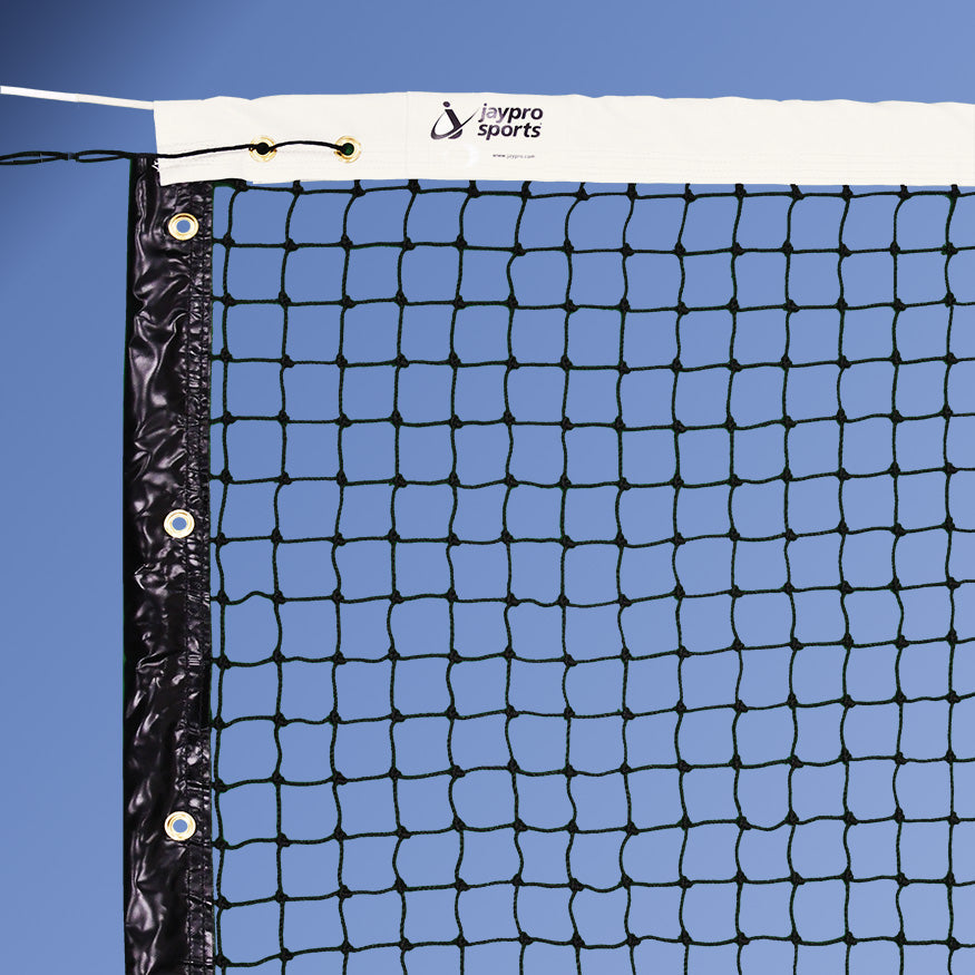Jaypro Tennis Replacement Net with Center Strap (1-3/4 in. Sq. - 3mm Polyethylene Knotted Mesh) (Outdoor) - Collegiate Tennis Net (42 ft.L x 42 in.H) (Black) Jaypro