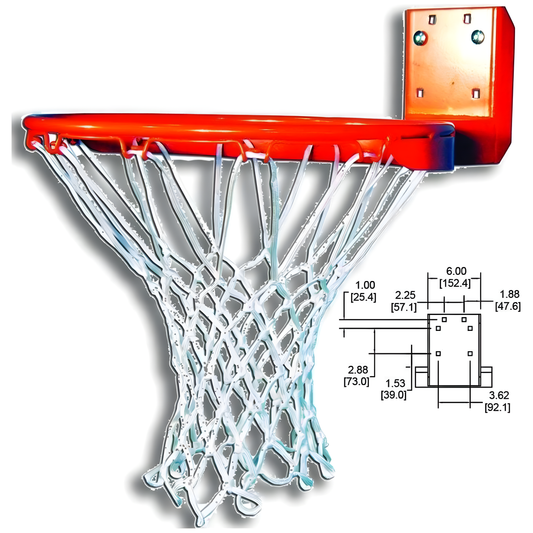 Gared basketball rim in bright orange with attached white net and mounting bracket with dimensions