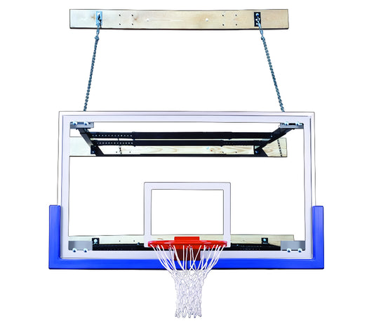 FIRST TEAM wall mount basketball hoop with clear backboard and blue padding on white background