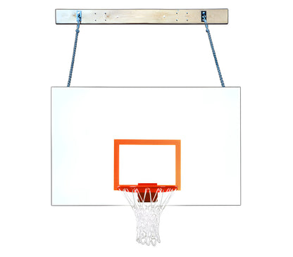 FIRST TEAM wall mount basketball hoop with clear backboard and orange rim hanging by chains