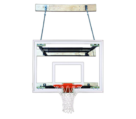 FIRST TEAM wall mount basketball hoop with clear backboard and orange rim hanging from wooden support