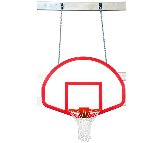 FIRST TEAM Wall Mount Basketball Hoop with red and white backboard and chain support hanging on wooden frame