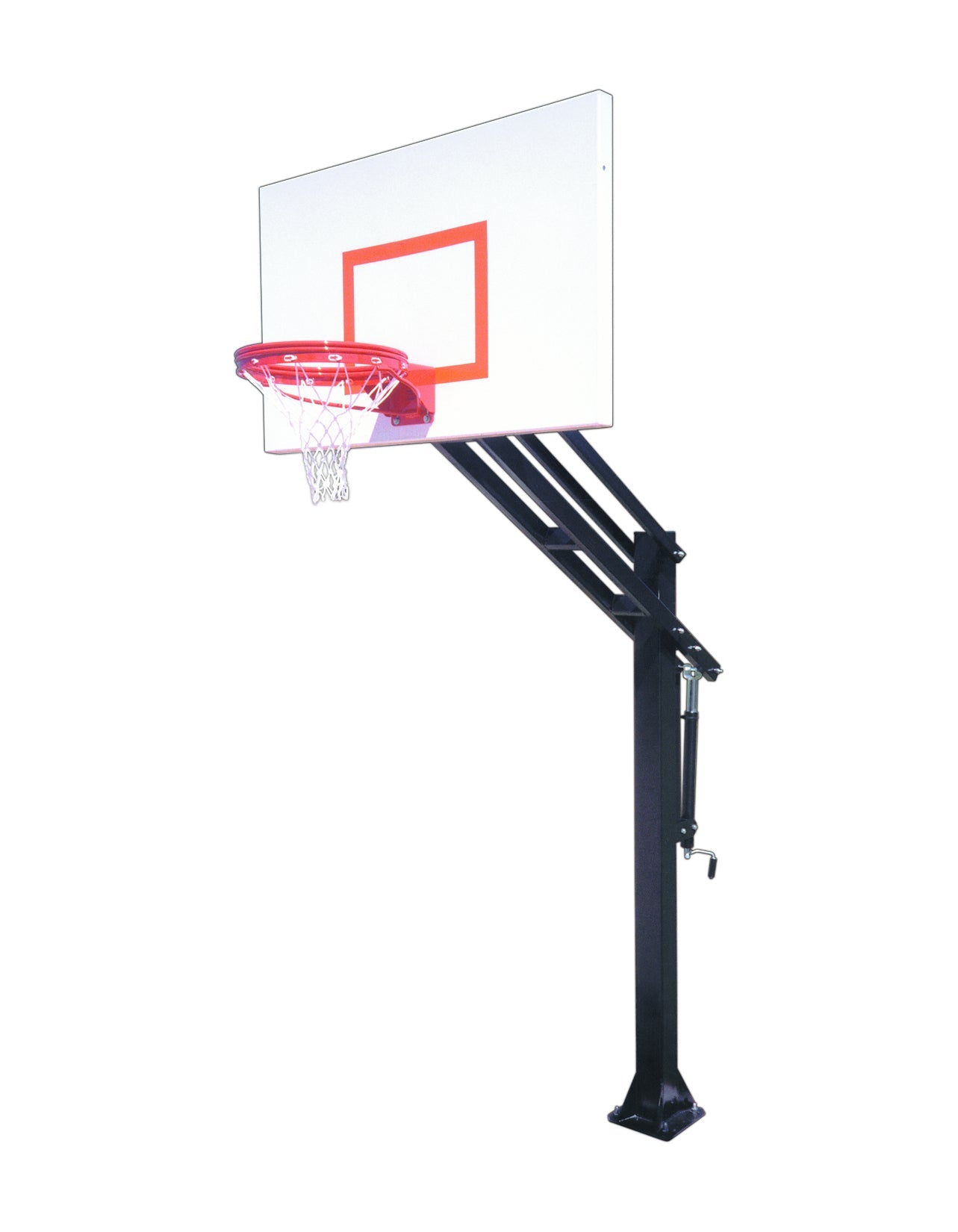 In ground adjustable post with aluminum backboard and basketball goal