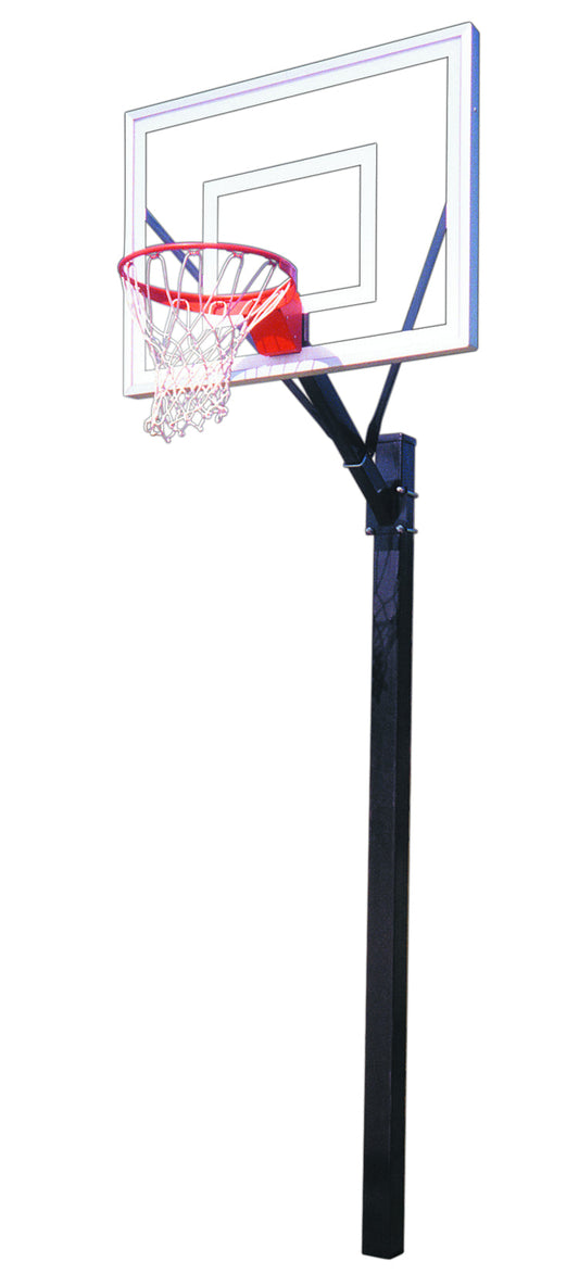 FIRST TEAM In Ground Basketball Hoop with clear backboard and red rim on black pole