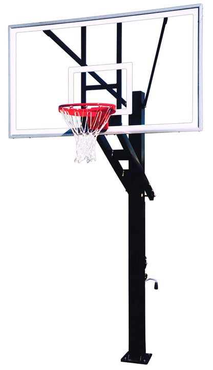 FIRST TEAM in ground basketball hoop with clear backboard and red rim on black pole