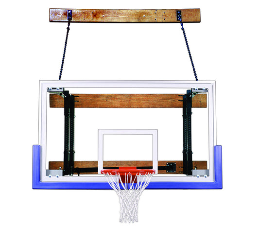FIRST TEAM wall mount basketball hoop with clear backboard and red rim suspended by chains